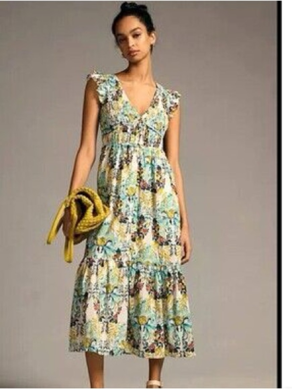 Anthropologie Multicolor Fruit Botanical Smocked Button Maxi Dress Womens SZ XS